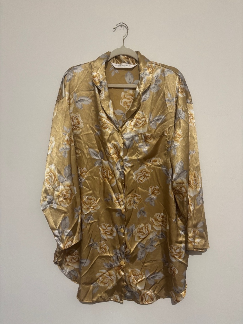 Vtg 90s Victoria's Secret Satin Sleep Shirt Gown L Gold Rose Floral Button Down